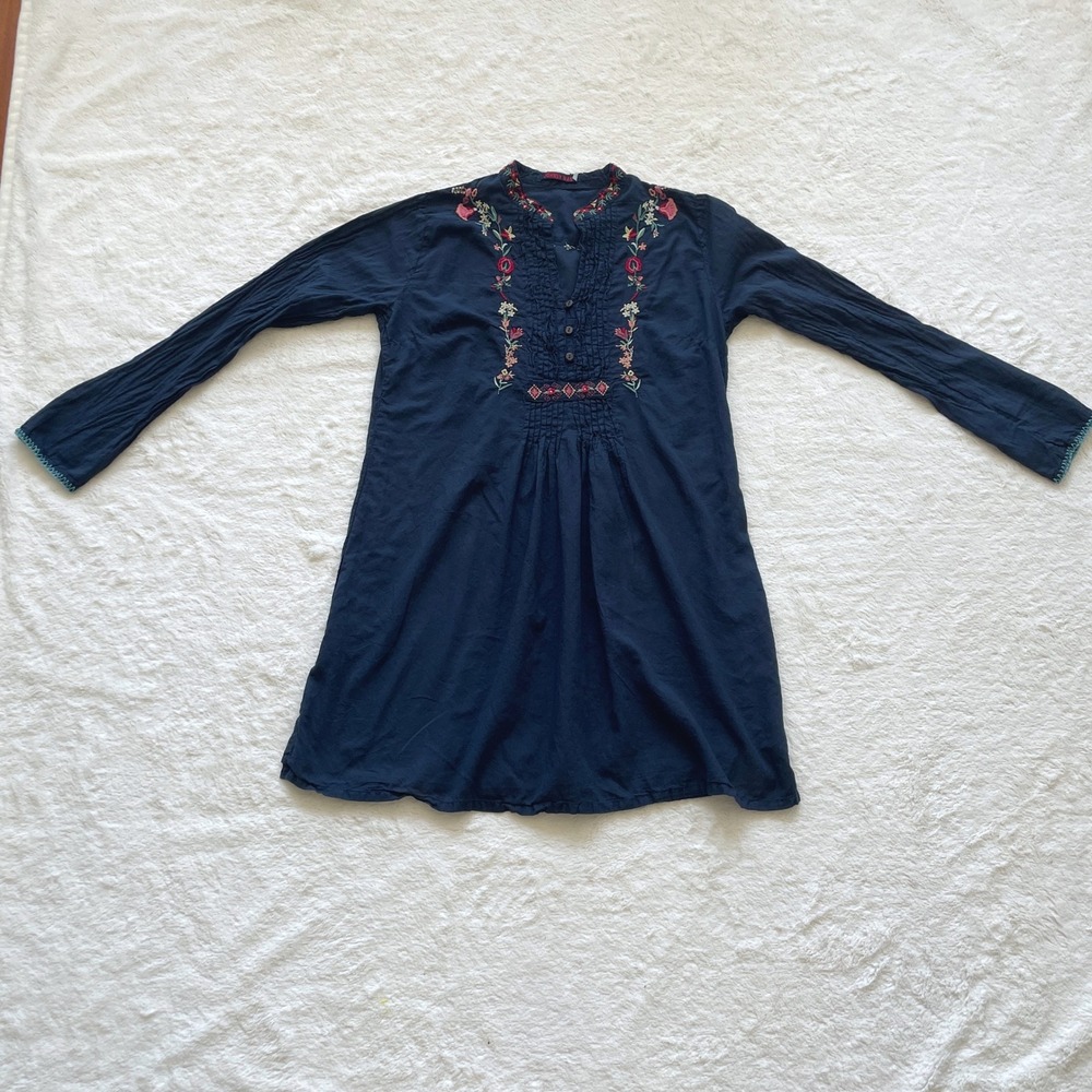 Johnny Was Embroidered Cotton Tunic‎ Top Floral Boho Pintuck Navy Blue Size XS